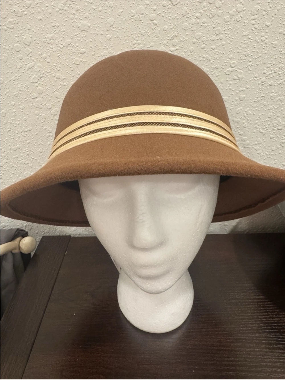 Women's Brown Wool Cloche Hat with Cream Band Detail